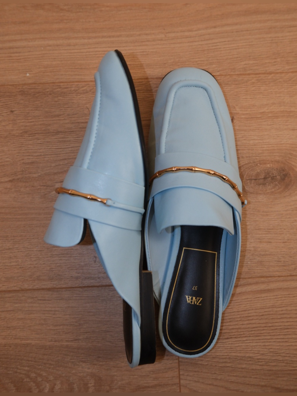 ZARA Baby Blue Backless Loafers with Gold Chain